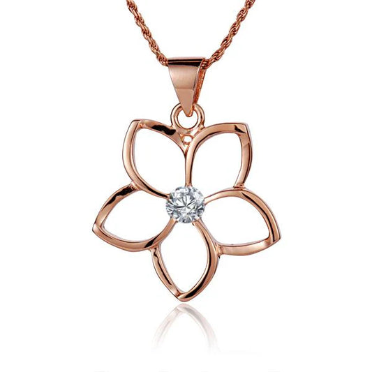 Floating Plumeria CZ PG pendant, 25mm, made of pink gold with sparkling cubic zirconia, showcasing delicate floral design.