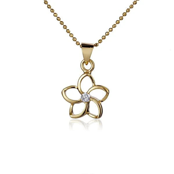 Hawaiian 925 Sterling Silver floating Plumeria CZ YG pendant, 12mm, with yellow gold finish.