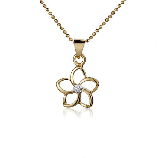 Yellow gold floating plumeria CZ pendant, 12mm, featuring a floral design with sparkling cubic zirconia accents.