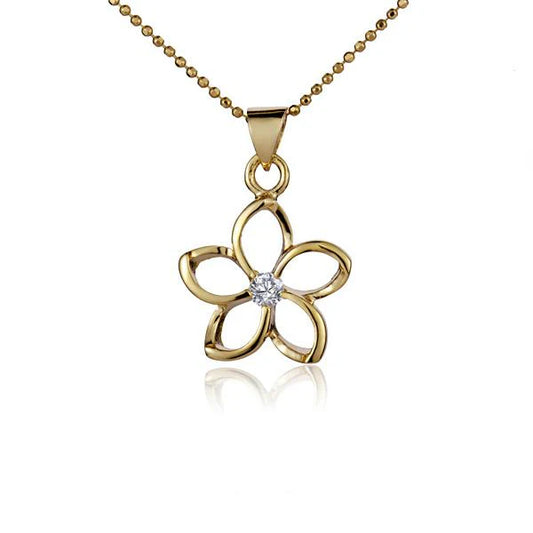 Yellow gold floating plumeria pendant with cubic zirconia accents, 15mm size, jewelry piece featuring floral design.