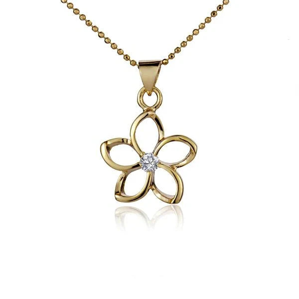 Hawaiian 925 Sterling Silver floating Plumeria CZ pendant, 15mm.
