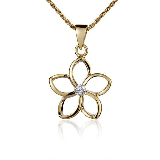 Sterling silver floating plumeria CZ pendant, 18mm, with yellow gold plating, featuring detailed floral design and sparkling gemstones.