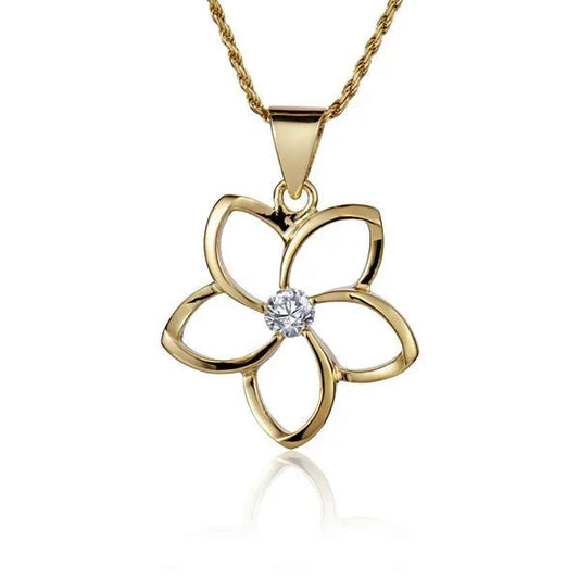 Sterling silver floating Plumeria CZ pendant, 22mm, with yellow gold plating, featuring detailed floral design.