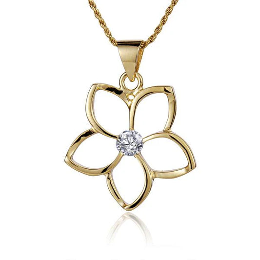 Gold floating Plumeria CZ pendant, 25mm, showcasing a delicate floral design with sparkling cubic zirconia accents.