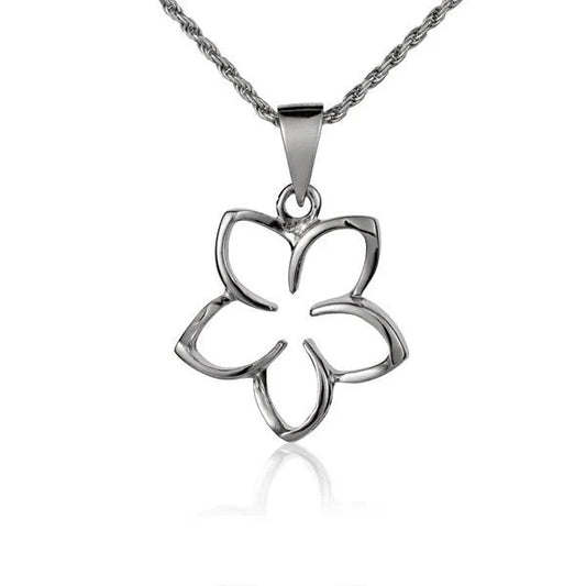Sterling silver floating Plumeria pendant, 18mm, showcasing intricate floral design, ideal for jewelry making or wearing.