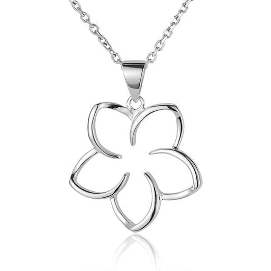 Sterling silver floating Plumeria pendant, 30mm, featuring delicate flower design, crafted by Ashley's Gift Shop.