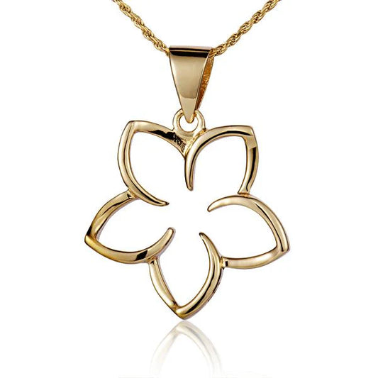 Gold floating Plumeria pendant, 25mm size, with delicate flower design, from Ashley's Gift Shop.