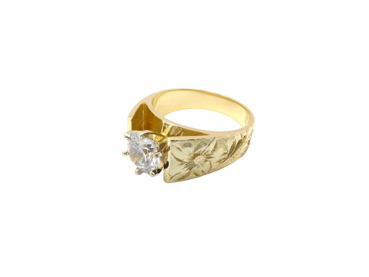 Hawaiian 14K Gold french style ring with 5/6mm band and 1/2 carat cubic zirconia gemstone, elegant jewelry.