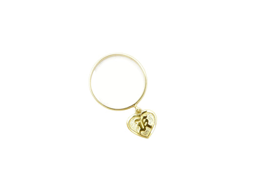 Hawaiian 14K Gold heart-shaped ring with raised letter engraving.