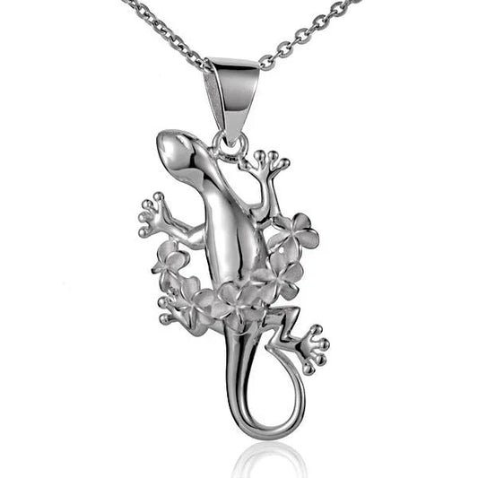 Sterling silver Gecko Lei Pendant with detailed design, crafted by Ashley's Gift Shop, showcasing intricate reptile and lei motifs.