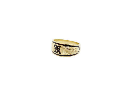 Hawaiian 14K Gold ring with letter design and black inlay.