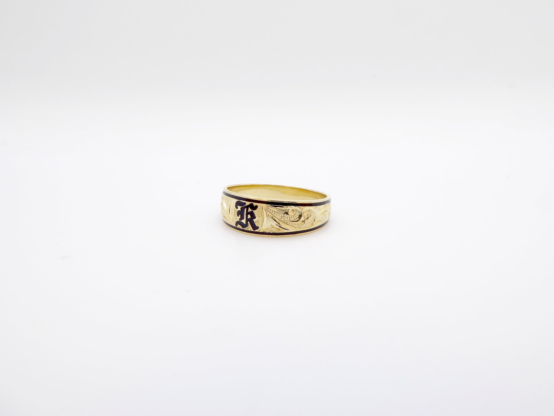 Gold Ring with Letter and Black Inlay image 0