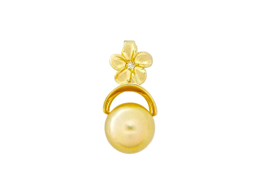 Hawaiian 14K Gold plumeria pendant with pearl and diamond accents, featuring floral design.