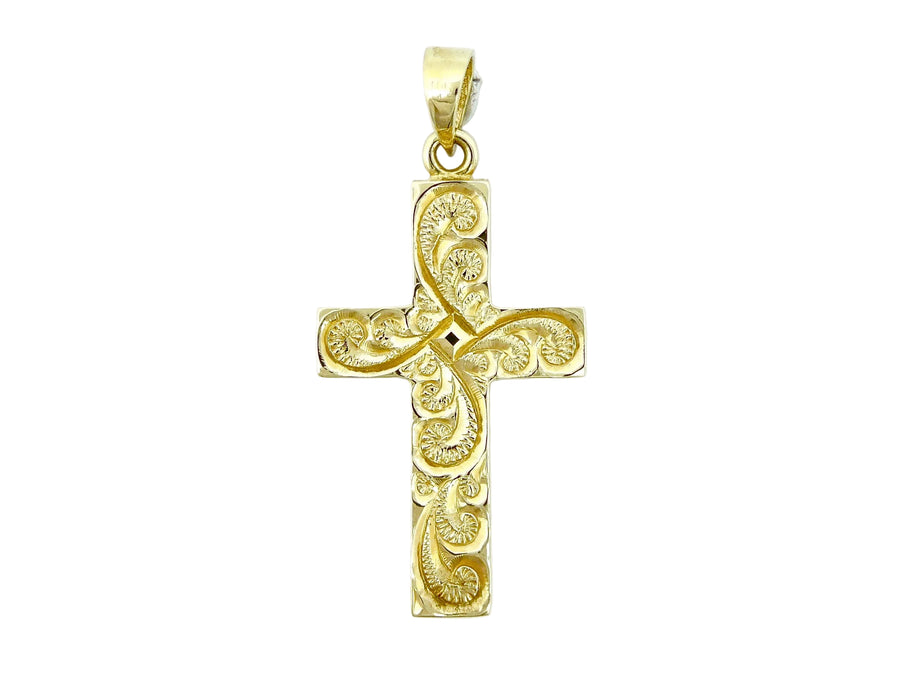 Hawaiian 14K Gold cross pendant with intricate design.