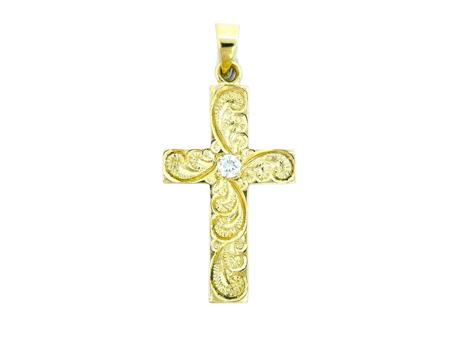 Hawaiian 14K Gold cross pendant with cubic zirconia stones, featuring intricate Hawaiian-inspired design.