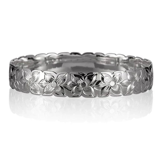 Sterling silver Hawaiian Plumeria bangle with 12mm floral design, crafted by Ashley's Gift Shop.