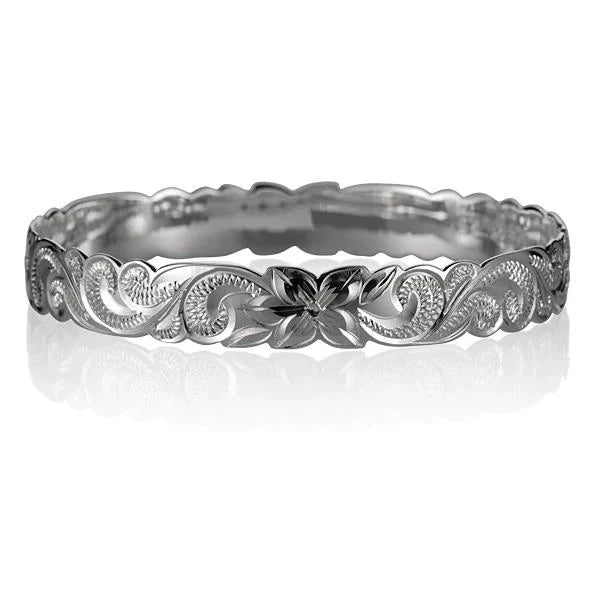 Hawaiian 925 Sterling Silver queen Bangle bracelet with 10mm width, featuring intricate Hawaiian-inspired design.