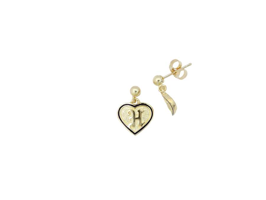 Hawaiian 14K Gold heart dangling earring with raised letter E design, featuring a delicate and stylish jewelry piece.