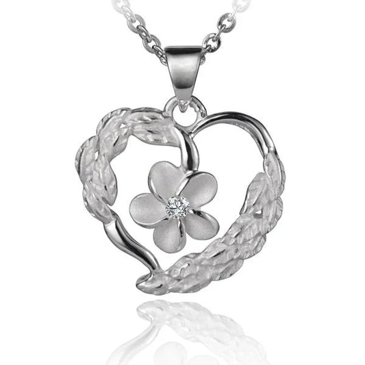 Sterling silver Heart lei Plumeria CZ pendant, 8mm, jewelry featuring floral design with sparkling cubic zirconia accents.