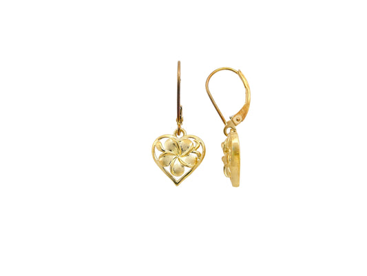 14K Heart Plumeria Lever Back Earring #1 — Hawaiian jewelry from Ashley's Gift Shop