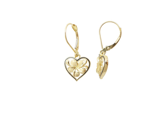 14K Heart Plumeria Lever Back Earring #1 — Hawaiian jewelry from Ashley's Gift Shop