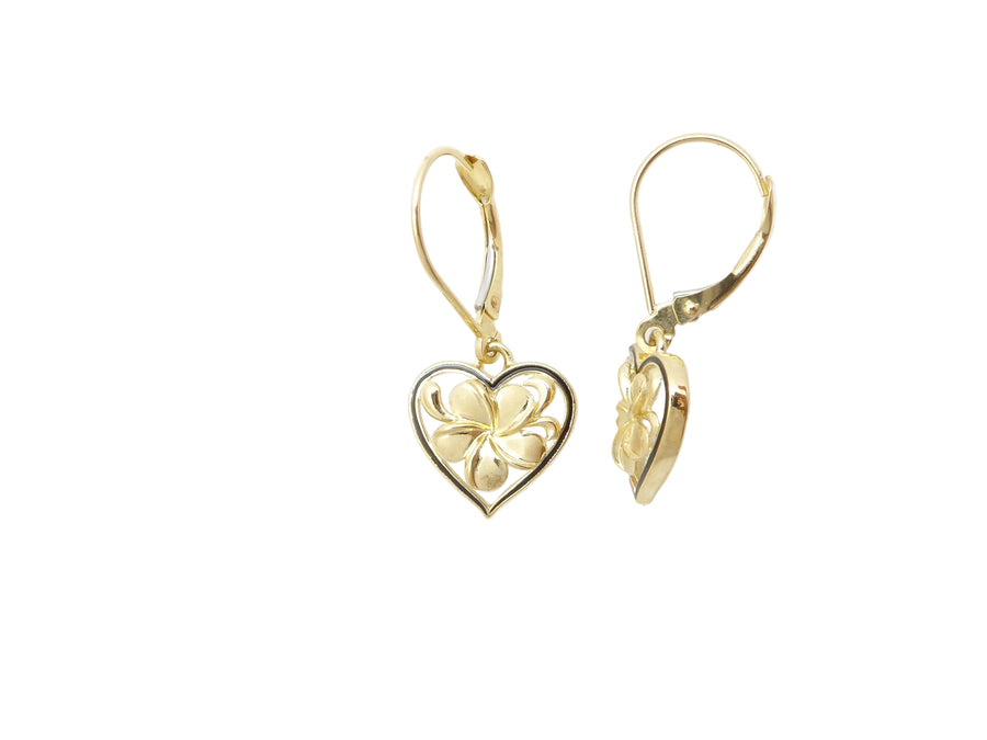 Hawaiian 14K Gold heart-shaped plumeria lever back earring featuring intricate floral design, elegant jewelry accessory.