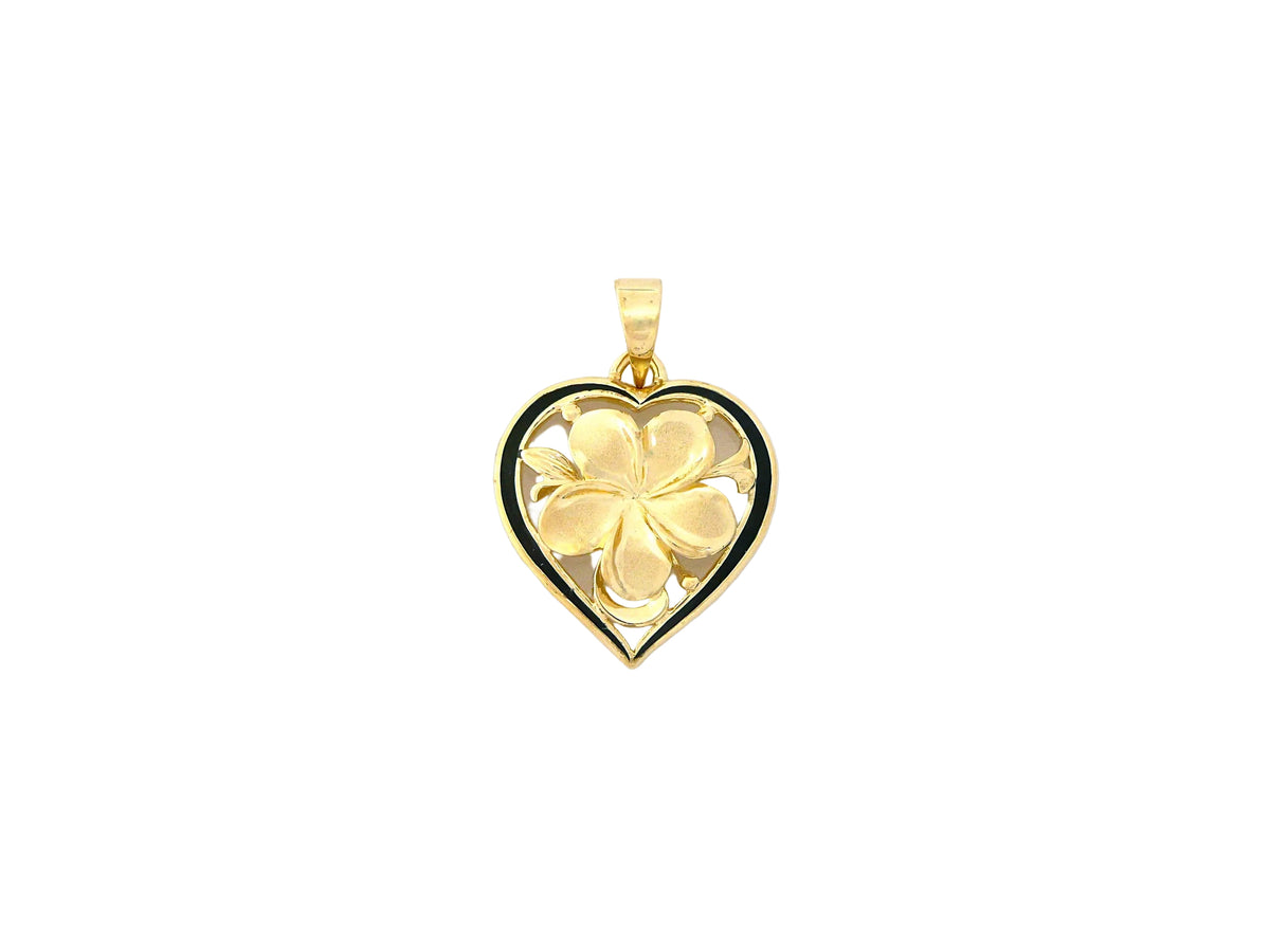 Hawaiian 14K Gold heart-shaped plumeria pendant featuring floral design.