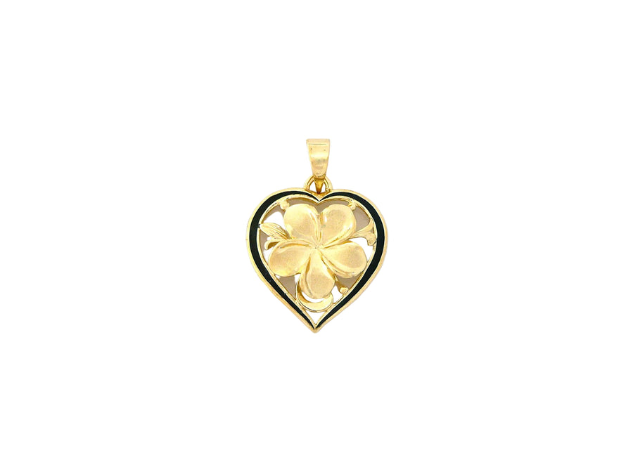 Hawaiian 14K Gold heart-shaped plumeria pendant featuring floral design.