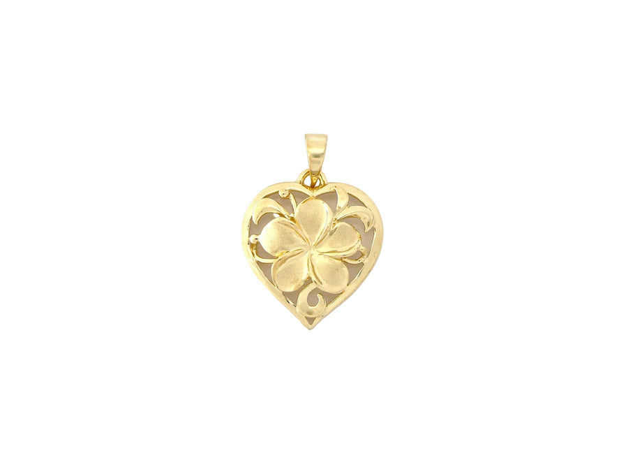 Hawaiian 14K Gold heart-shaped plumeria pendant with detailed floral design.