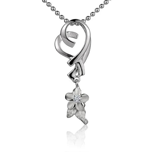Hawaiian 925 Sterling Silver heart Plumeria pendant with floral design, showcased.