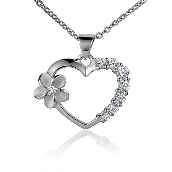 Hawaiian 925 Sterling Silver heart Plumeria pendant with side CZ stones, rhodium finish, handcrafted jewelry designed.