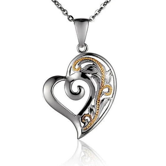 Sterling silver Heart S/T Scroll YG 2T pendant with intricate design, ideal for necklace jewelry, from Ashley's Gift Shop