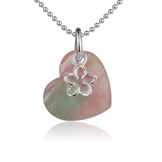 Sterling silver Heart Shell pendant with floating plumeria flower design, elegant jewelry piece.
