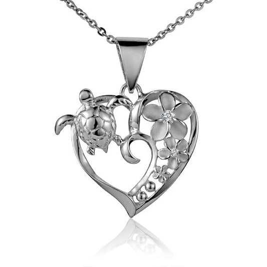 Sterling silver Heart Turtle 3 Plumeria pendant featuring a detailed turtle design and floral accents, crafted by Ashley's Gift Shop.