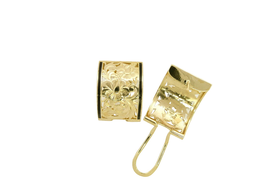 Hawaiian 14K Gold hibiscus cut-out clip earring, 15mm size, featuring floral design and gold finish.