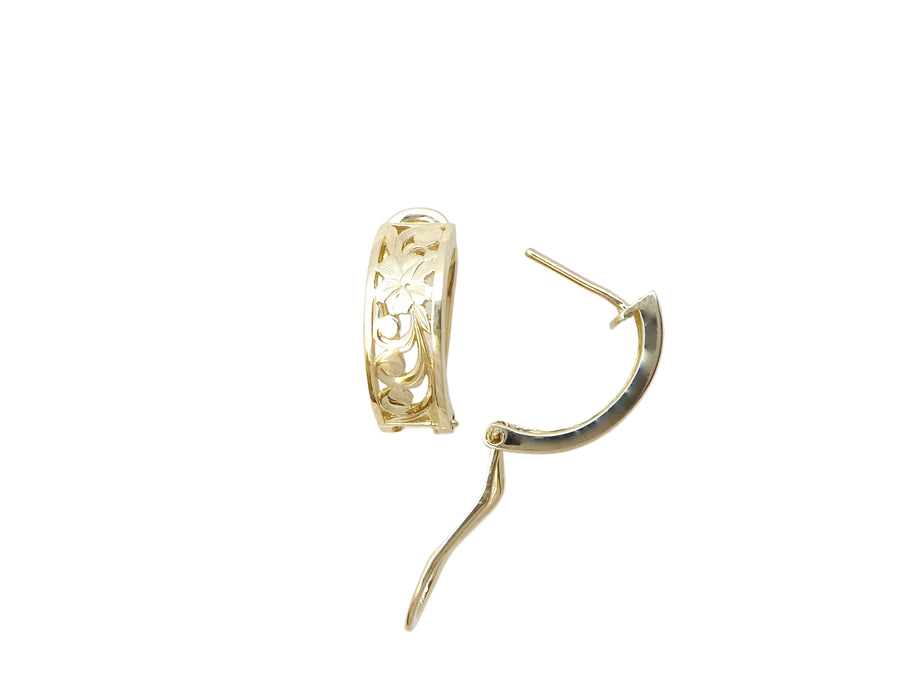 Hawaiian 14K Gold hibiscus cut-out clip earring, 6mm, with floral design.