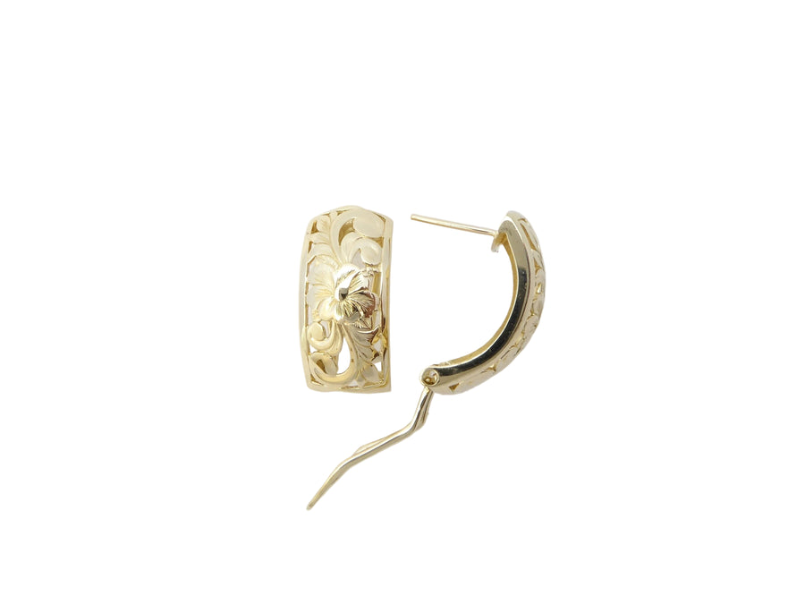 Hawaiian 14K Gold hibiscus dome earring, 10mm size, featuring floral design and polished finish.