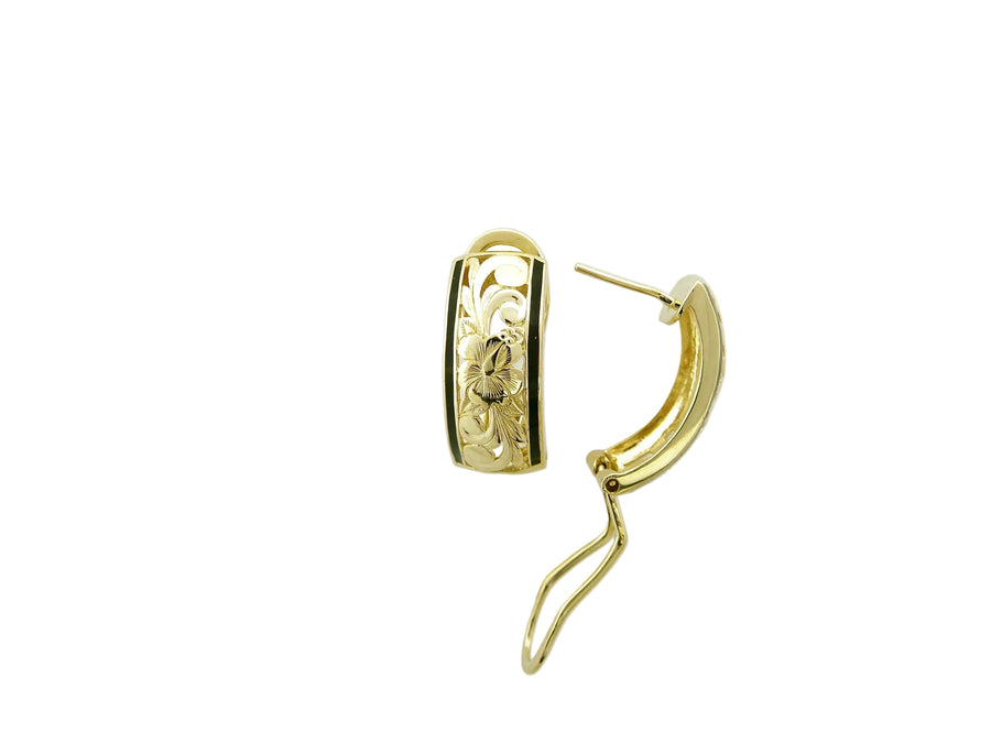 Hawaiian 14K Gold hibiscus dome earring, 8mm size, featuring detailed floral design.