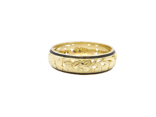Hawaiian 14K Gold hibiscus dome ring with 6mm width, featuring detailed floral design.