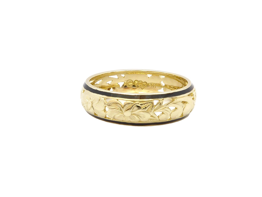 Hawaiian 14K Gold hibiscus dome ring with 6mm width, featuring detailed floral design.