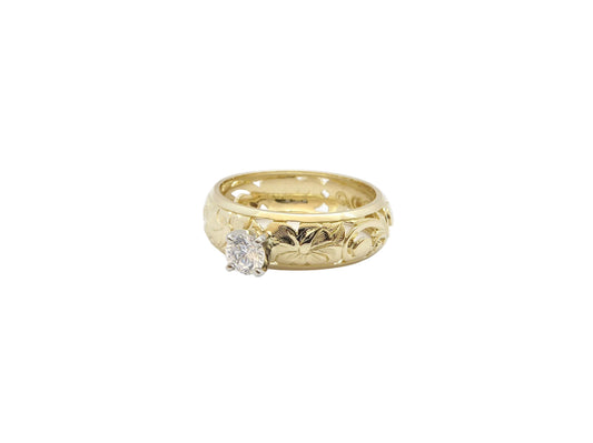 Hawaiian 14K Gold hibiscus dome ring with 0.25ct cubic zirconia, featuring a 6mm floral design and intricate details.