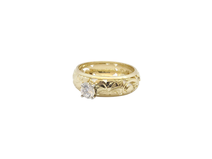 Hawaiian 14K Gold hibiscus dome ring with 0.25ct cubic zirconia, featuring a 6mm floral design and intricate details.