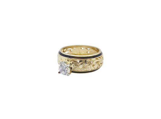 Hawaiian 14K Gold hibiscus dome ring featuring a.50ct CZ gemstone and 8mm size.