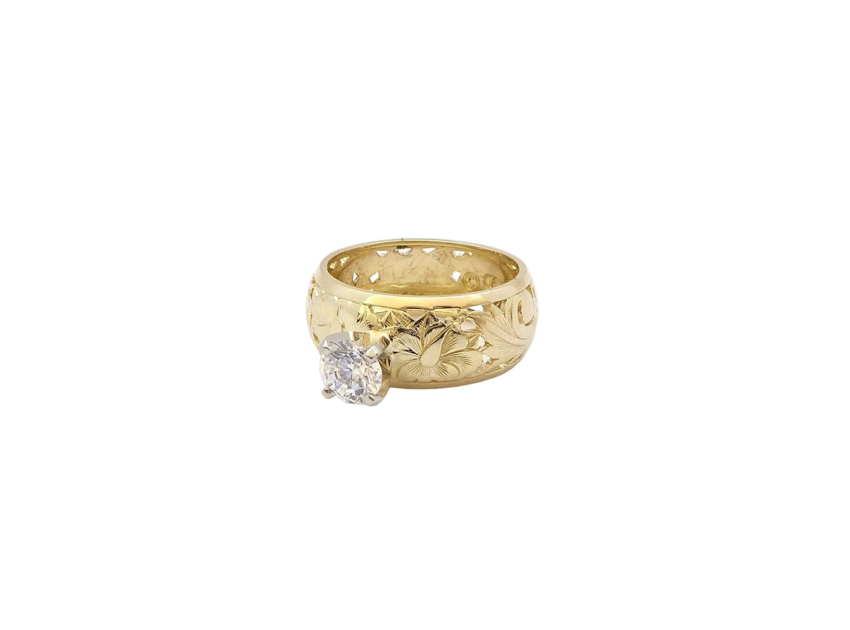 Hawaiian 14K Gold hibiscus dome ring with.50ct cubic zirconia, featuring an 8mm design.