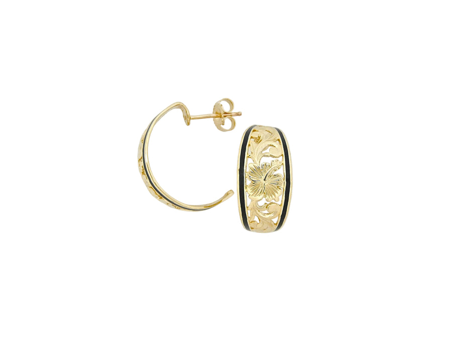 Hawaiian 14K Gold hibiscus hoop earring featuring a floral design.