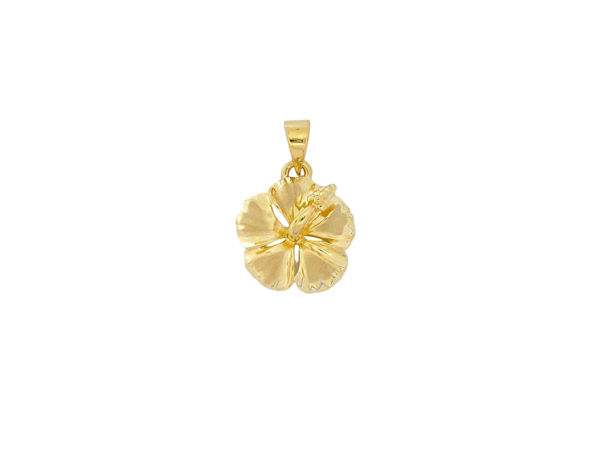 Hawaiian 14K Gold hibiscus pendant with intricate floral design.