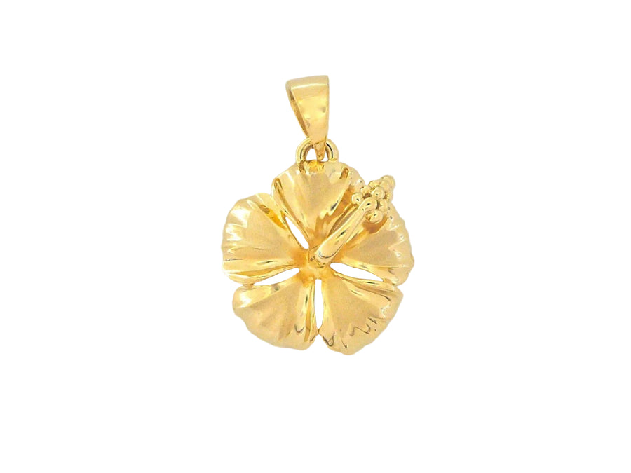 Hawaiian 14K Gold hibiscus Pendant #5 with detailed floral design.