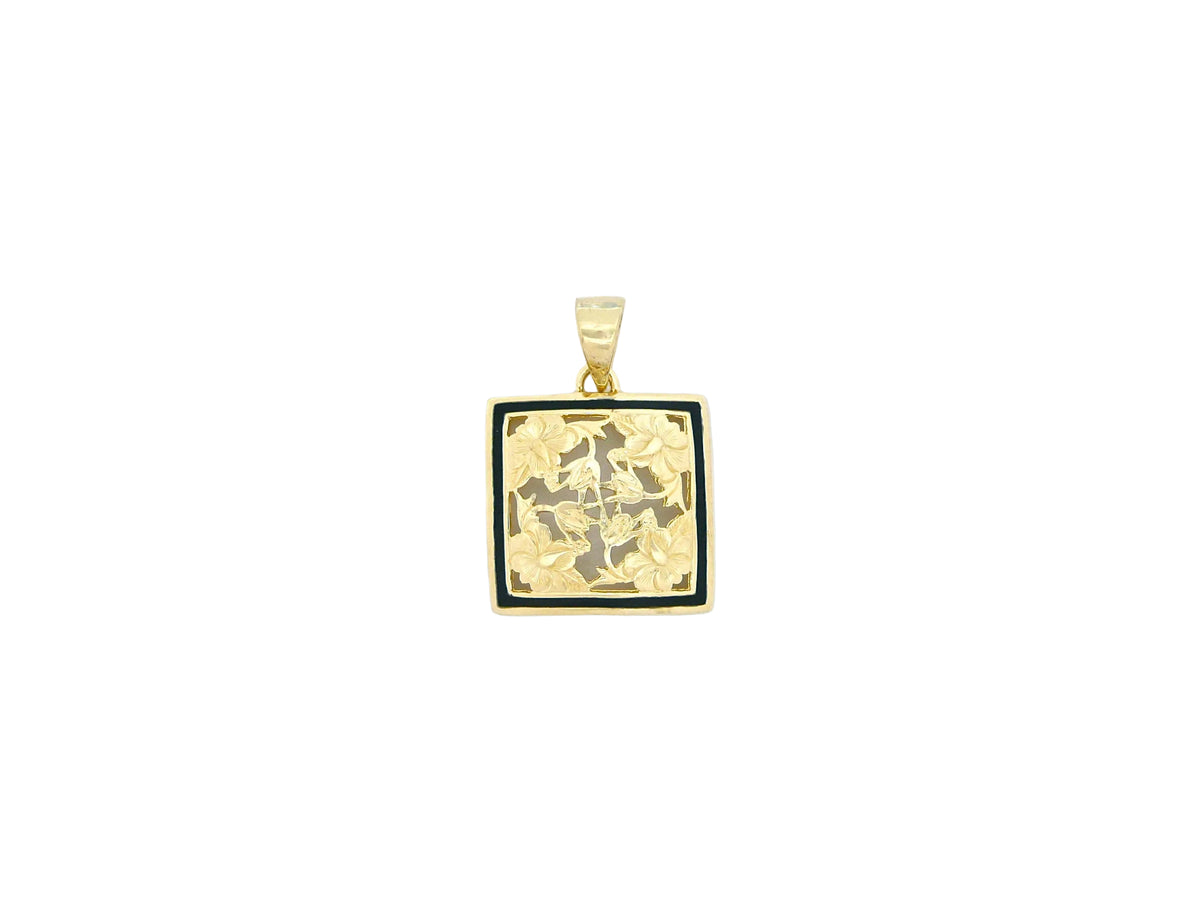Hawaiian 14K Gold small 14K gold hibiscus quilt pendant featuring intricate floral design.