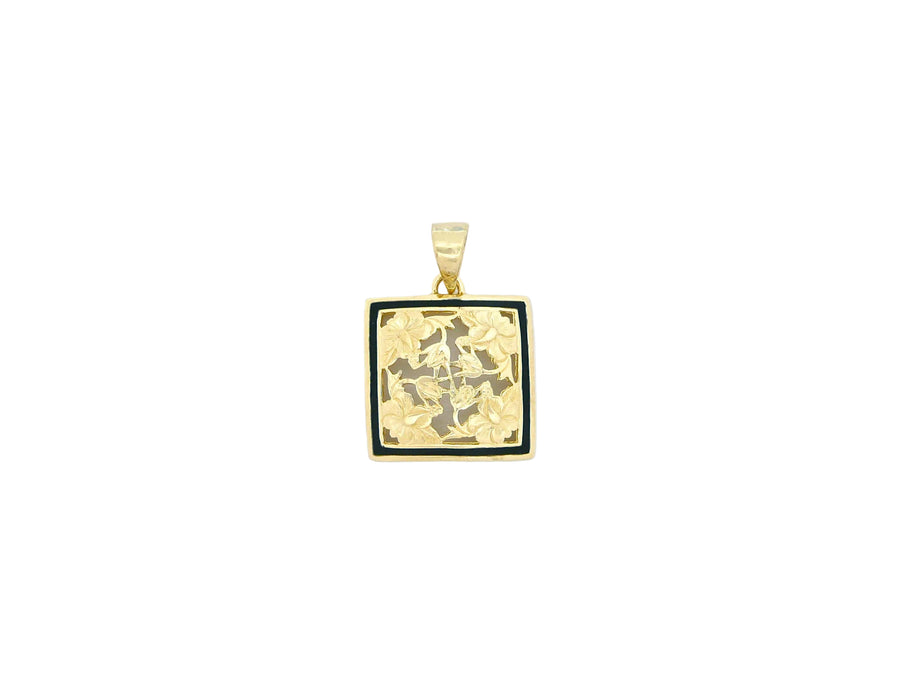 Hawaiian 14K Gold small 14K gold hibiscus quilt pendant featuring intricate floral design.