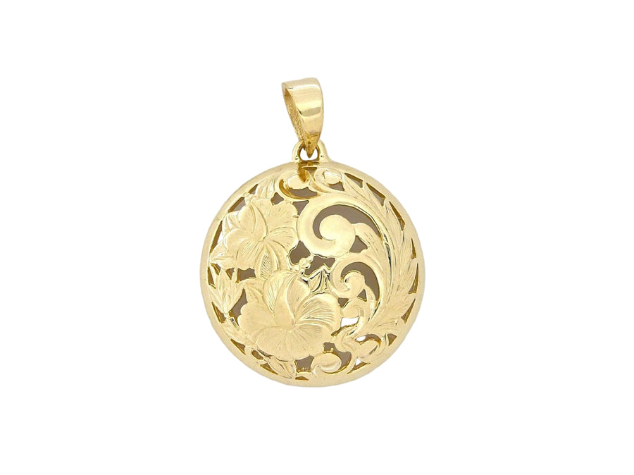 Hawaiian 14K Gold large 14K gold hibiscus round cut-out pendant, delicate floral jewelry piece with intricate design.